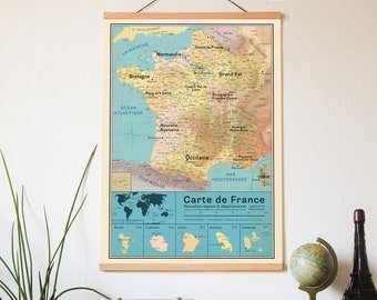 Affiche carte de France vintage avec nouvelles Régions et départements, sans porte affiche