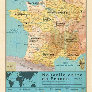 May include: A vintage-style map of France with the regions highlighted in different colours. The map includes the names of each region and major cities. The map also includes a compass rose and a scale bar. The map is titled "Nouvelle carte de France" and includes the text "CARTE N&deg; 01 PAPPUS EDITIONS".