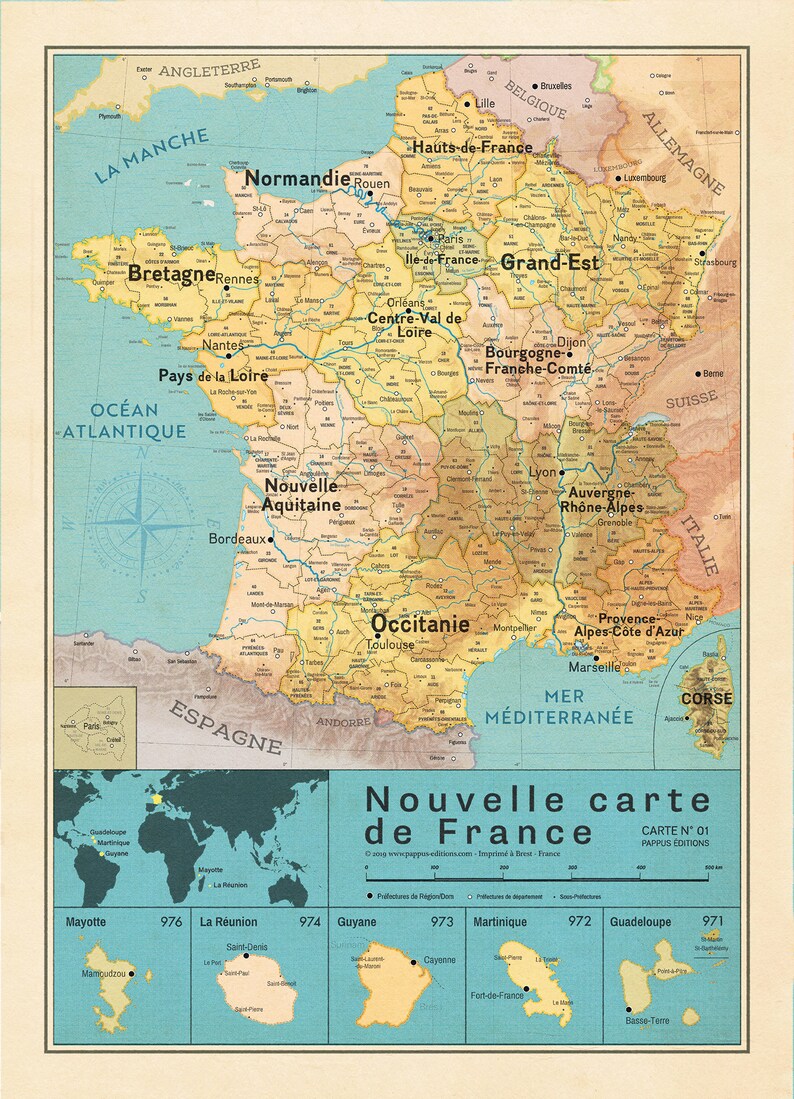 May include: A vintage-style map of France with the regions highlighted in different colours. The map includes the names of each region and major cities. The map also includes a compass rose and a scale bar. The map is titled "Nouvelle carte de France" and includes the text "CARTE N&deg; 01 PAPPUS EDITIONS".
