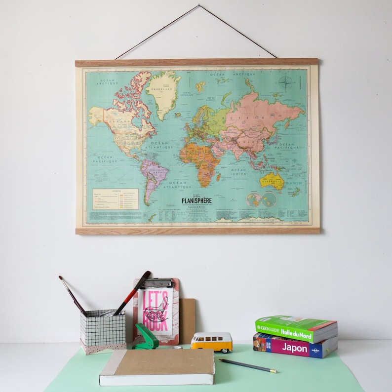 Current World Map Poster Kit, World Map, planisphere Detailed vintage style French with magnetic poster holder. World map image 1