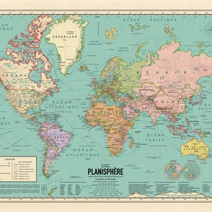 Affiche Carte du monde Actuel Style vintage, World map, Mappemonde, planisphère détaillé en français Worldmap Murale 2021 image 10