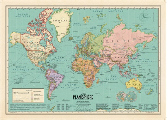 French Poster Current World Map Vintage Style Detailed - Etsy