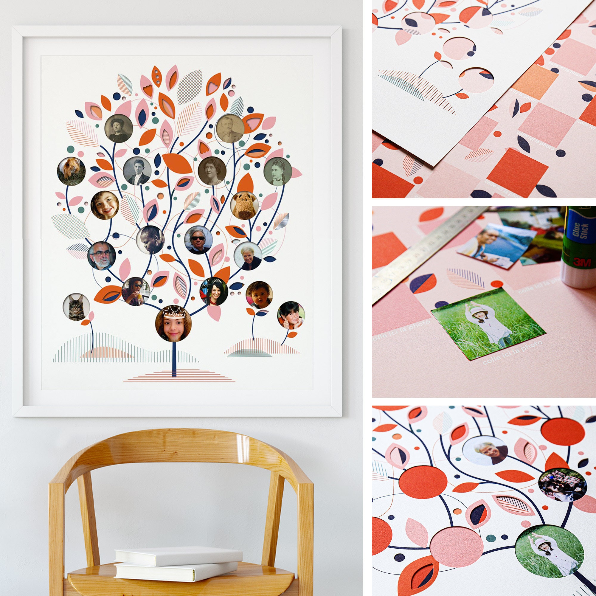 Affiche Arbre Généalogique Pré-Découpée à Personnaliser Pour Décoration Murale Rose Poudré