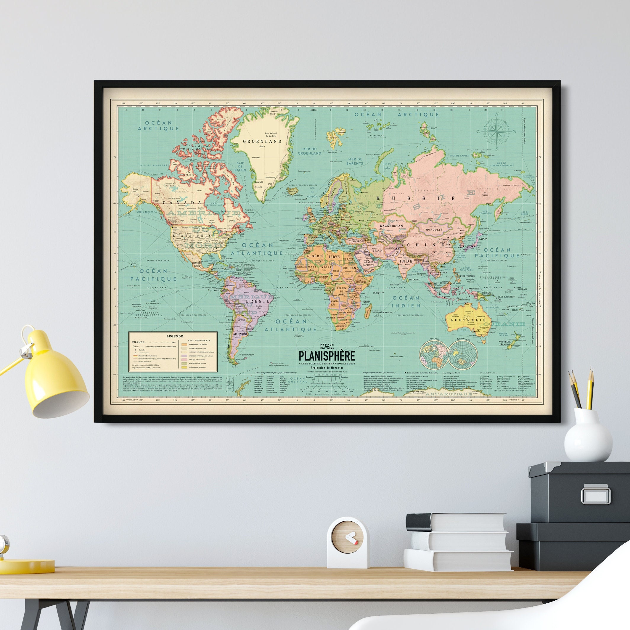 Affiche Carte Du Monde Actualisée Style Vintage Planisphère Détaillé | Français - Worldmap Murale