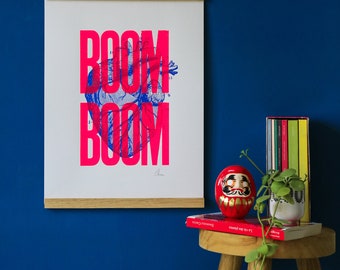 Poster Silkscreened heart Boom Boom Rose Fluo A3, signed by the artist