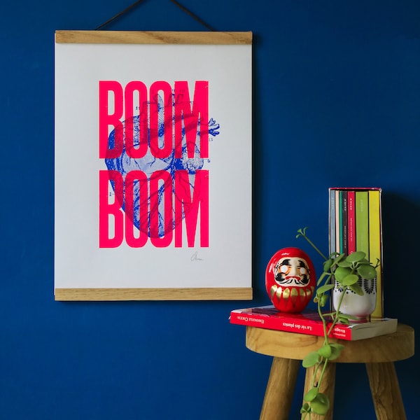 Affiche Sérigraphiée coeur Boom Boom Rose Fluo A3, signée par l'artiste