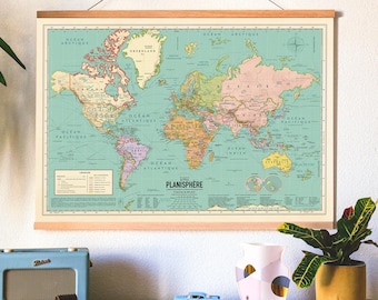Current World Map Poster Kit, XL, World Map, Planisphere Detailed Vintage Style (French) with magnetic poster holder.