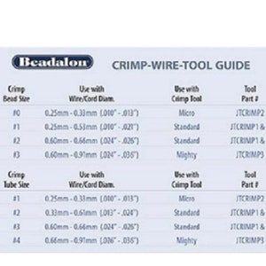 May include: A chart showing the Beadalon Crimp-Wire-Tool Guide. The chart lists the different crimp bead sizes and tube sizes, the corresponding wire cord diameter, the crimp tool to use, and the tool part number.