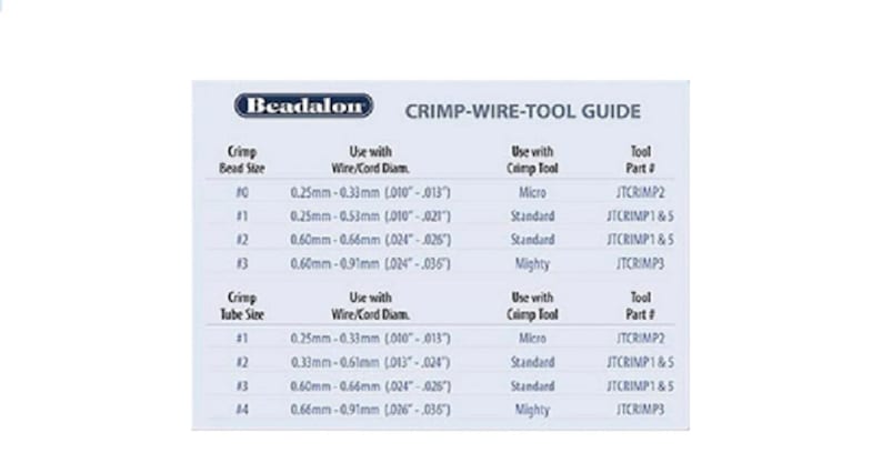May include: A chart showing the Beadalon Crimp-Wire-Tool Guide. The chart lists the different crimp bead sizes and tube sizes, the corresponding wire cord diameter, the crimp tool to use, and the tool part number.