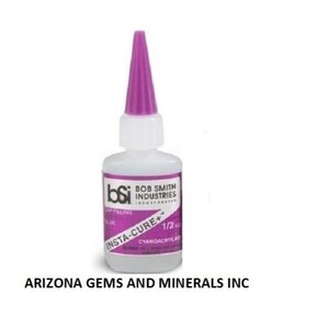 May include: A clear plastic bottle of Insta-Cure+ gap filling glue, a cyanoacrylate adhesive, from Bob Smith Industries. The bottle is 1/2 ounce and has a purple cap.