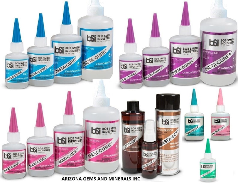 May include: Assortment of Bob Smith Industries glue bottles in various sizes and colors. The bottles are labeled with different types of glue, including Insta-Cure, Maxi-Cure, Insta-Set, and Insta-Flex. The bottles are arranged in two rows on a white surface.
