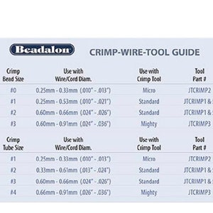 May include: A chart showing the Beadalon Crimp-Wire-Tool Guide. The chart lists the different crimp bead and tube sizes, the corresponding wire/cord diameter, the crimp tool to use, and the tool part number.