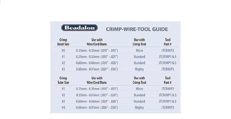 May include: A chart showing the Beadalon Crimp-Wire-Tool Guide. The chart lists the different crimp bead and tube sizes, the corresponding wire/cord diameter, the crimp tool to use, and the tool part number.