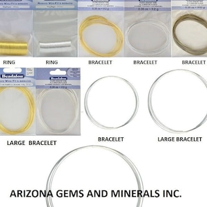 May include: Assortment of Beadalon memory wire in various sizes and colors, including gold, silver, and gray. The wire is packaged in clear plastic bags and labeled with the Beadalon brand name and product description. The wire is ideal for making jewelry, such as rings, bracelets, and necklaces. The image also includes the text "MEMORY WIRE" and "ARIZONA GEMS AND MINERALS INC."
