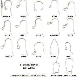 May include: A collection of silver-toned metal ear wires for jewelry making, displayed in a grid with identifying model numbers. The set includes various hook styles, loops, and ball accents, labeled as Sterling Silver Ear Wires by Arizona Gems & Minerals Inc.