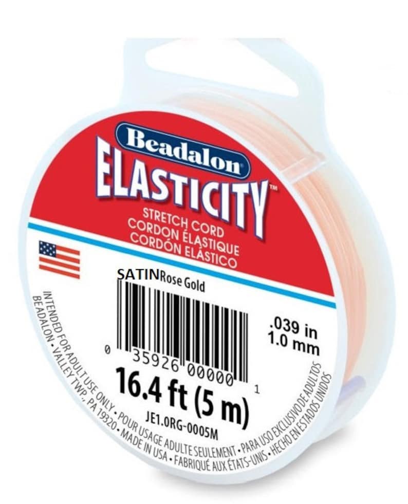 May include: A spool of 16.4 feet (5 meters) of rose gold satin elastic stretch cord, Beadalon Elasticity, 0.039 inches (1.0 mm) thick. Intended for adult use only. Made in the USA.