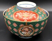 KO-IMARI NISHIKI 19th Century Set of 8 Japanese Multi-colored lidded rice bowls hand painted red green gold blue, Exc cond, 1 lid missing