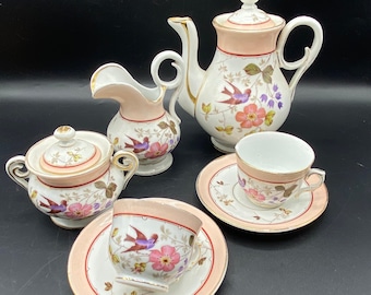 19th century Old Paris teaset includes teapot, sugar creamer Tea for Two bluebird motif pink hand painted Porcelain Vieux Paris France, VGcd