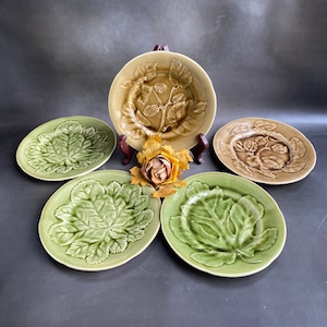 Choisy Le Roi HB Antique Set of 5 Luncheon plates French Majolica in brown and green, very good condition