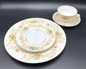 Bread plates Vintage Kongo set of 5 made in Japan, hand painted pink and yellow floral on cream background, dining serving, dinnerware