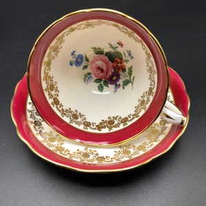 Vintage Hammersley tea cup and saucer bone china English, red gold china, rose pattern, Valentines mix and match tea party, MINT condition