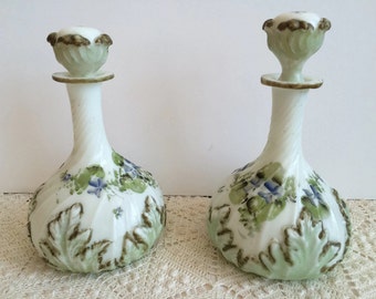 Pair of Antique Glass Barber Bottles, EAPG Victorian large mold blown with hand painted green and gold decoration, Cottage Chic home decor