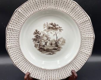 Deep plate 1840's James Edwards Burselm Stoke on Trent England brown transferware pattern "Domestic"  Pastural scene in white graniteware