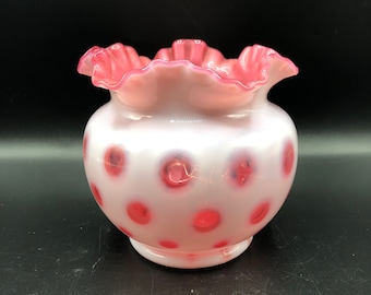 Vintage Fenton vase Pink Cranberry opalescent Coin dot ruffled edge vase, rose bowl vase, Valentines Day gifts
