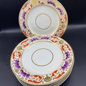 Rare Antique 1806-1825 English Derby dinner plates set of 8 hand painted gold, purple, orange, very good condition, Regency Period