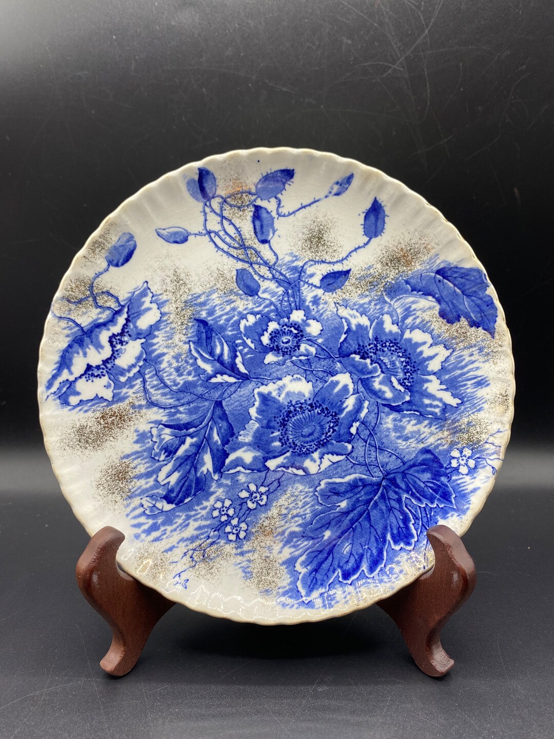 Plate Flow Blue and White Transferware Flowers With Gold Details 1880’s ...