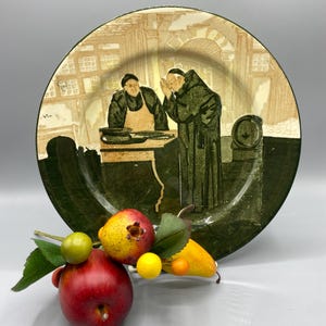 Antique display plate 1920&#39;s Royal Doulton transferware, features two monks at a table, Very good condition