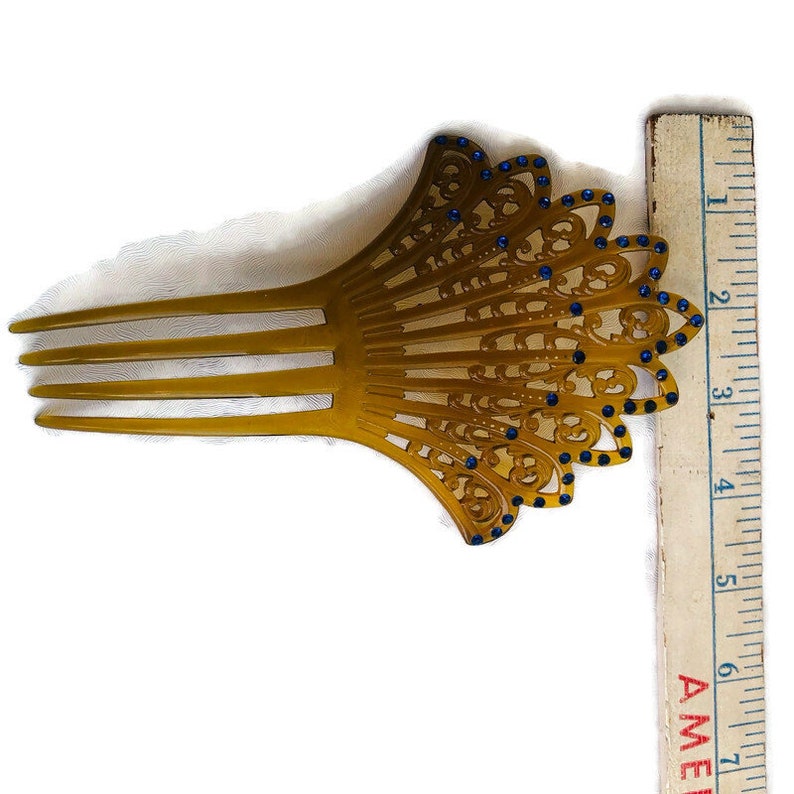 Antique Large Hair Comb Art Deco Blond Celluloid with Blue crystals, Bridal jewelry, wedding jewelry, hair jewelry image 4