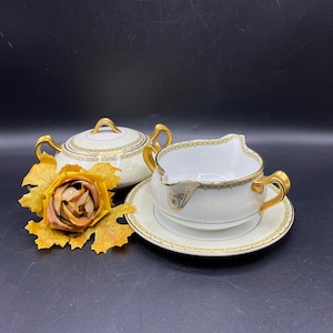 1920&#39;s lidded sugar bowl and sauce dish by TK Thun Bohemia Athena pattern  gold rim in VG cond, Art Deco, wedding, Tea party table setting