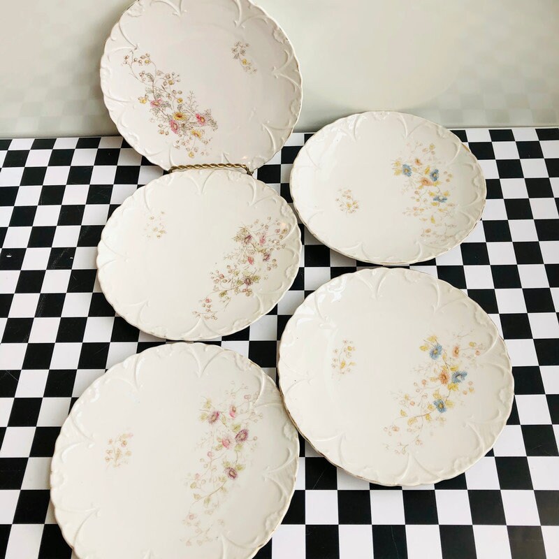 Antique Limoge Dessert Plates Set of 5, Pastel China Pattern, Blue and