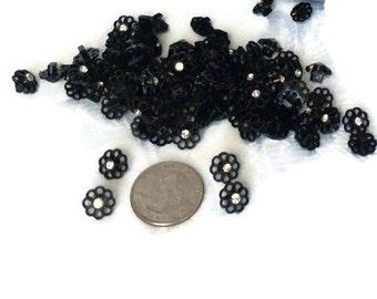 Vintage buttons 1960's buttons tiny black plastic with rhinestone flowers  sewing/crafting/jewelry