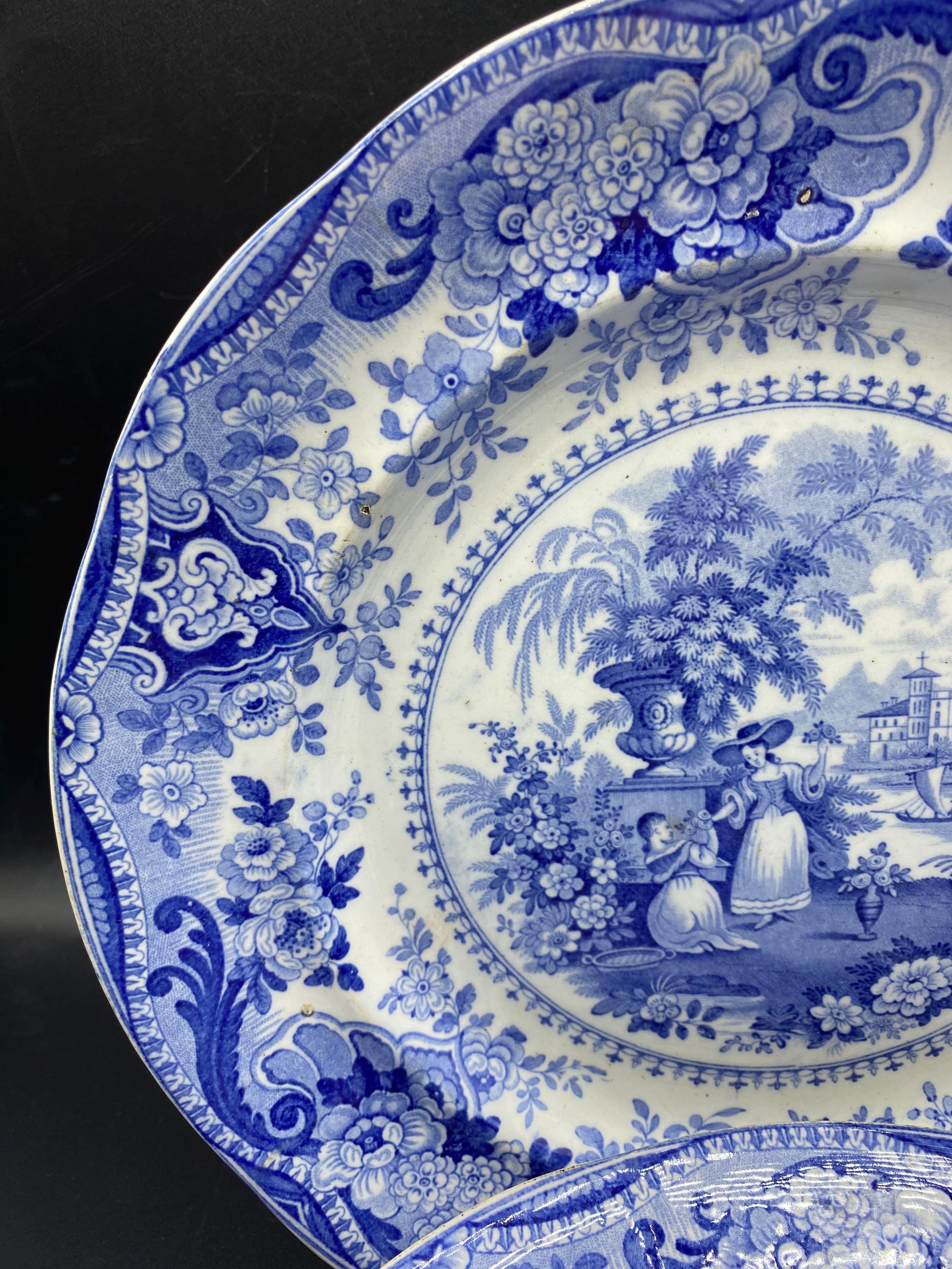 Set of 8 Antique 1820-40's Ralph Hall Blue Transferware Plates