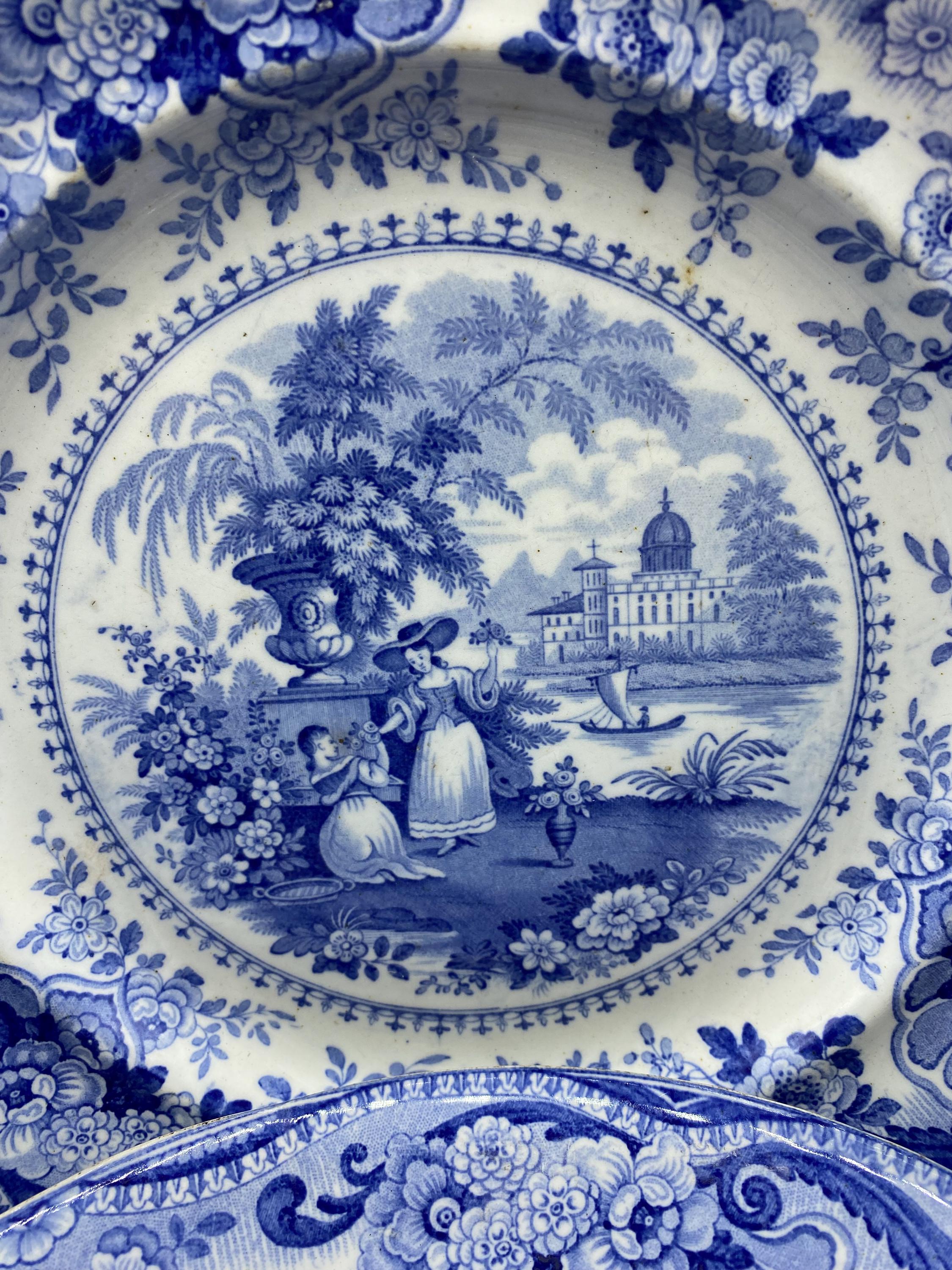 Set of 8 Antique 1820-40's Ralph Hall Blue Transferware Plates