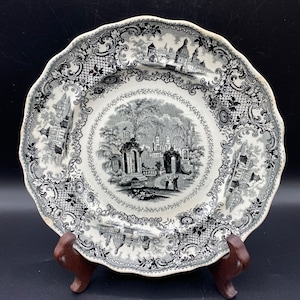 Black transferware Antique early 19th century Plate from Adams pottery &quot;Spanish Convent&quot; Stoke-on-Trent English Staffordshire pottery