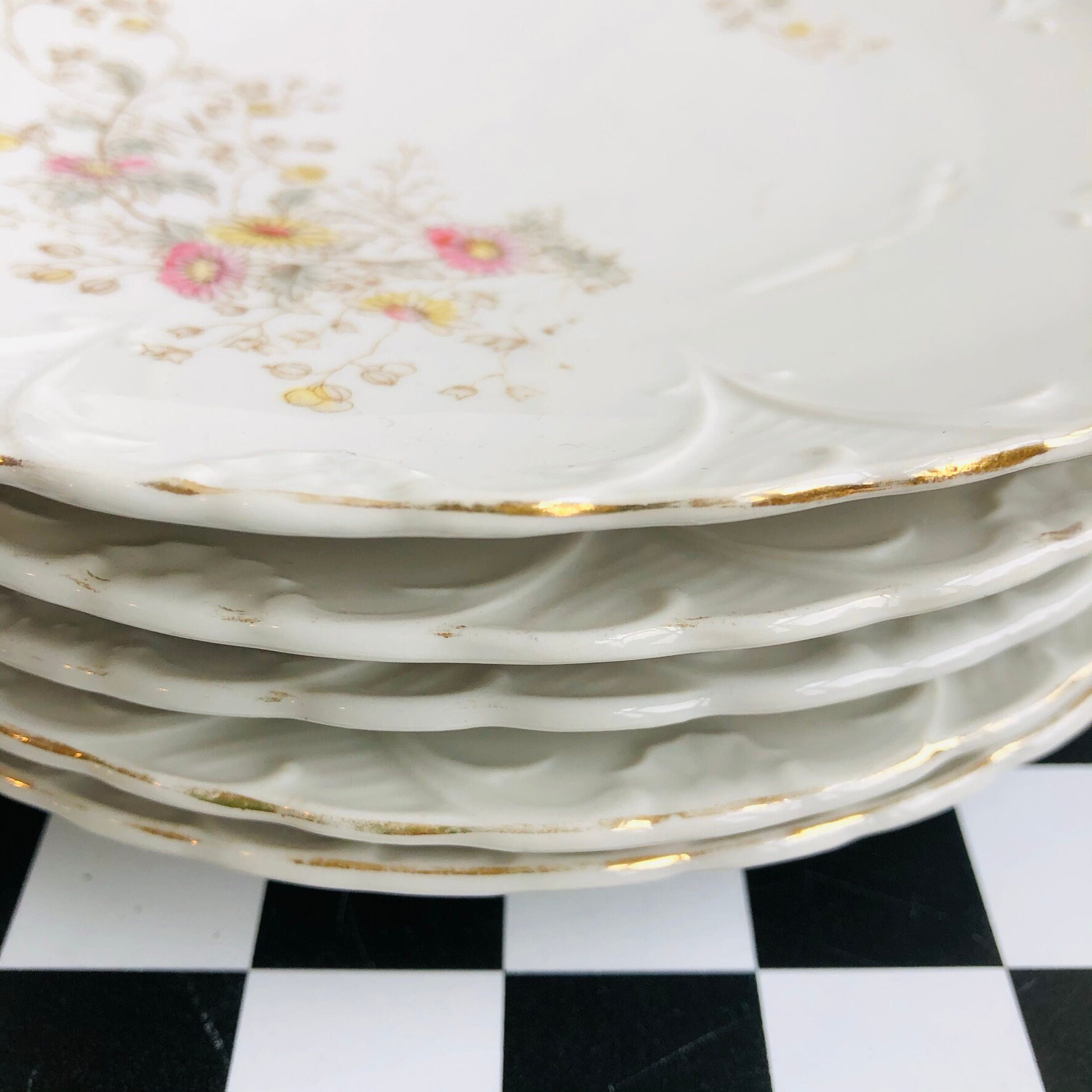 Antique Limoge Dessert Plates Set of 5, Pastel China Pattern, Blue and