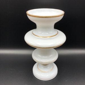 Victorian Bristol glass Wedding Vase milk white with gold bands spindle shaped Very good condition