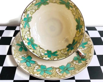 1930's green and white Tea cup saucer set with silver trim, Norcrest, Wedding Tea Party