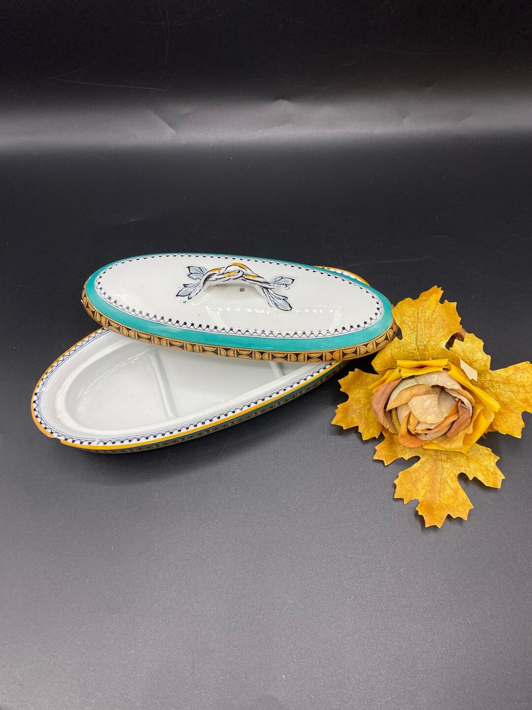 1860's Razor Box Lidded, Toothbrush or Butter Dish, Turquoise and Gold ...