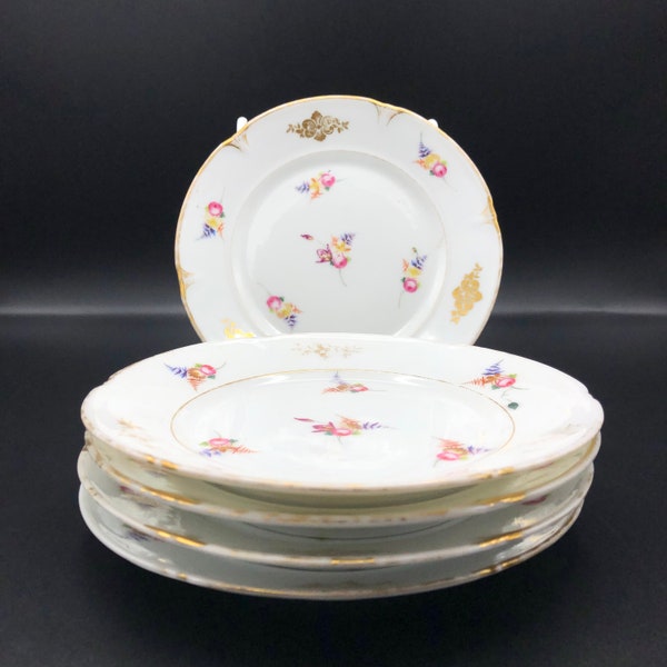5 French Old Paris Limoge porcelain dessert plates hand painted flowers, Very good condition, Wedding china / fine dining/ place settings