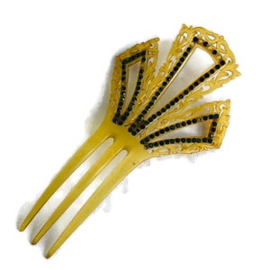 Antique Large Hair Comb Art Deco Blond Celluloid with green crystals, Bridal jewelry, wedding jewelry, hair jewelry