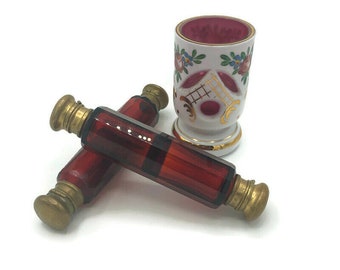 Antique Bohemian Ruby glass double chambered Perfume vial, lays down perfume holder, Antique glass, antique perfume bottle, Steampunk