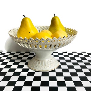 Reticulated Footed compote, Porcelain gold on white with fruit and flowers, fruit bowl, vintage china, fruit basket