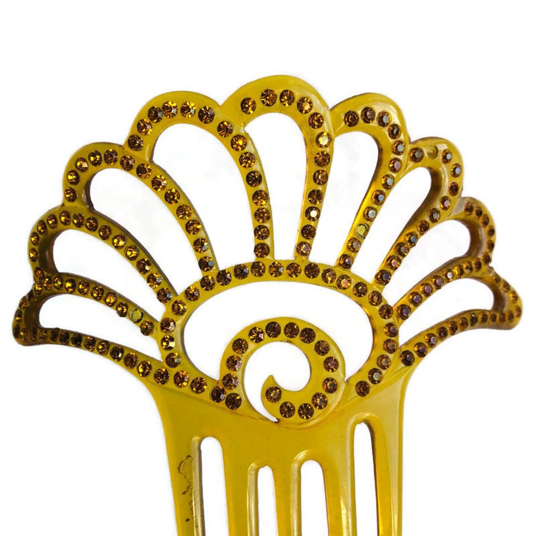 Antique Large Hair Comb Art Deco Blond Celluloid With Gold  display picture 1
