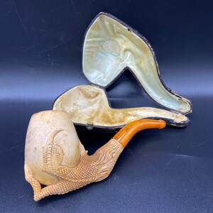 Antique Echt Bernstein Block Meerschaum Pipe with dragon claw, amber stem, fitted case, used