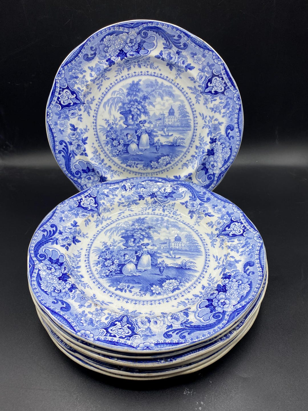 Set of 8 Antique 1820-40's Ralph Hall Blue Transferware Plates