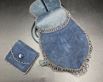 Antique 1920's bag with change purse, blue suede and micro bead edge, Flapper style